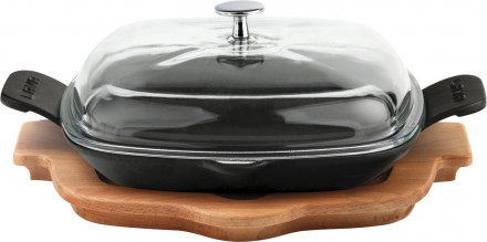 Сковорода чавунна LAVA на дерев&#39;яній підставці зі скляною кришкою 26х26 см