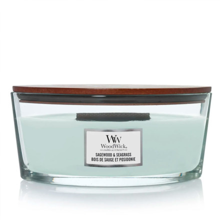 Ароматическая свеча с нотами шалфея, океана и кедра Woodwick Medium Sagewood & Seagrass